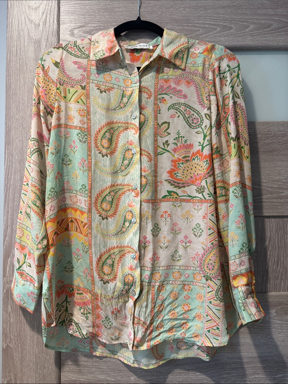 Rose + Olive M Patchwork Paisley Button Down Blouse Boho Floral Retro Shirt